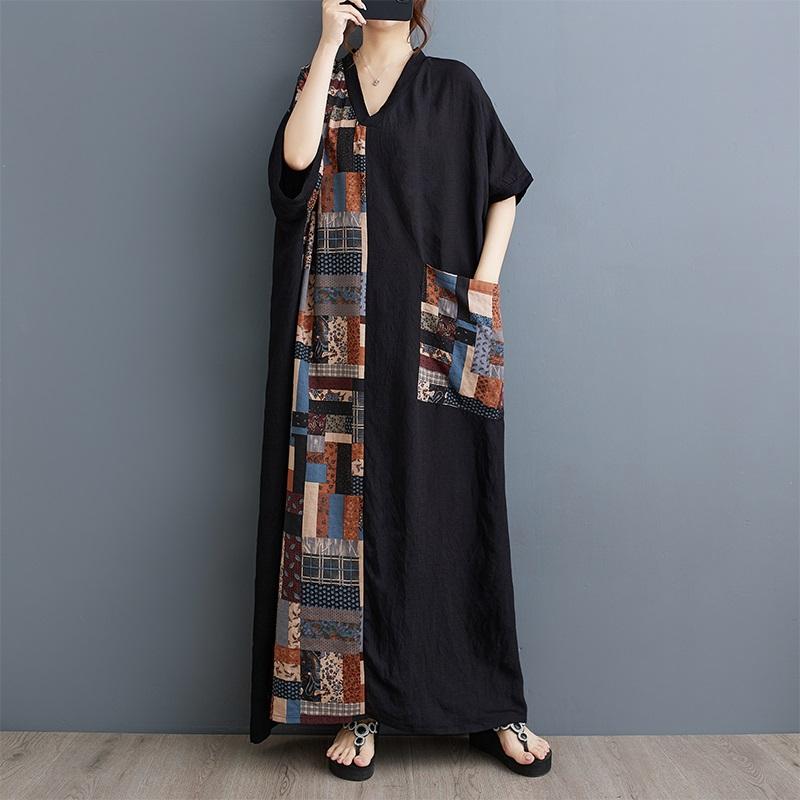 Krátký rukáv Extra velikost bavlna Saténový vintage patchwork novinka v šatech pro ženy ležérní volné Maxi dlouhé letní šaty