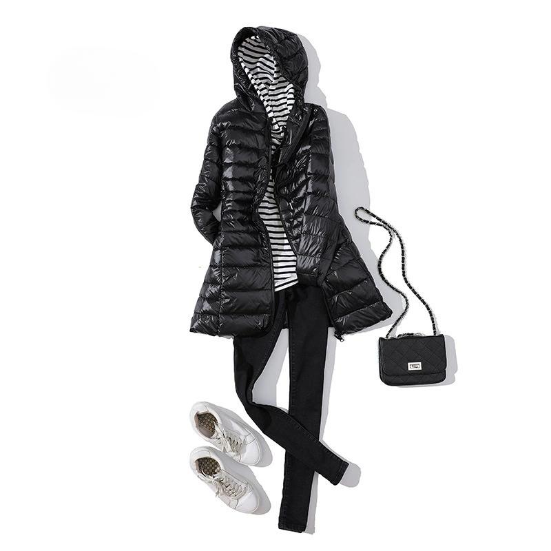 

Lightweight Down Jacket for Women, Mid To Long Length, Hooded, Autumn and Winter Slim Fit, Lightweight, Thin, Plus Extra Size 7XL чорний