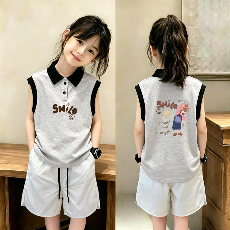 Korean-Style Girls' Color Block Sleeveless Polo Shirt Set - Summer Loose Fit