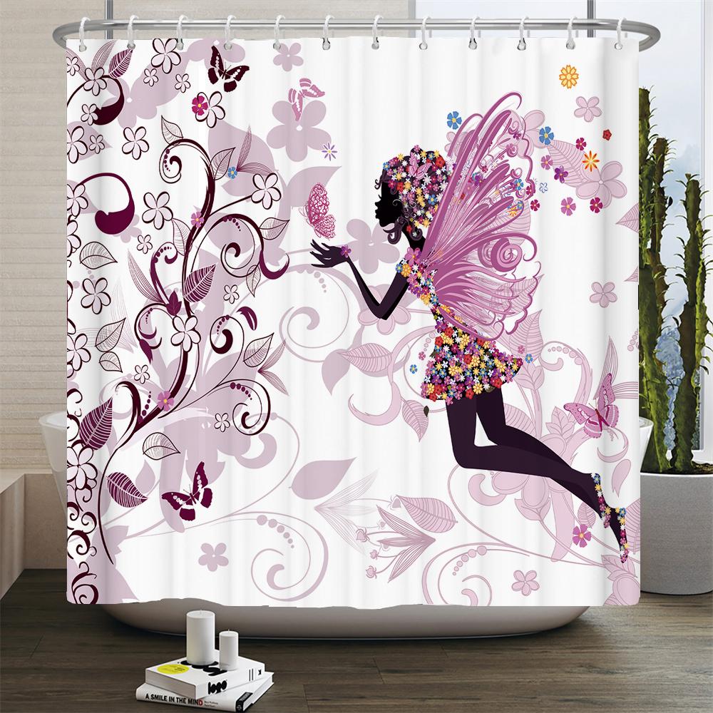 Butterfly Flower Girl Bathroom Curtain Polyester Waterproof Fabric Shower Curtain Valentine's Day Heart Pattern Bathtub Screen