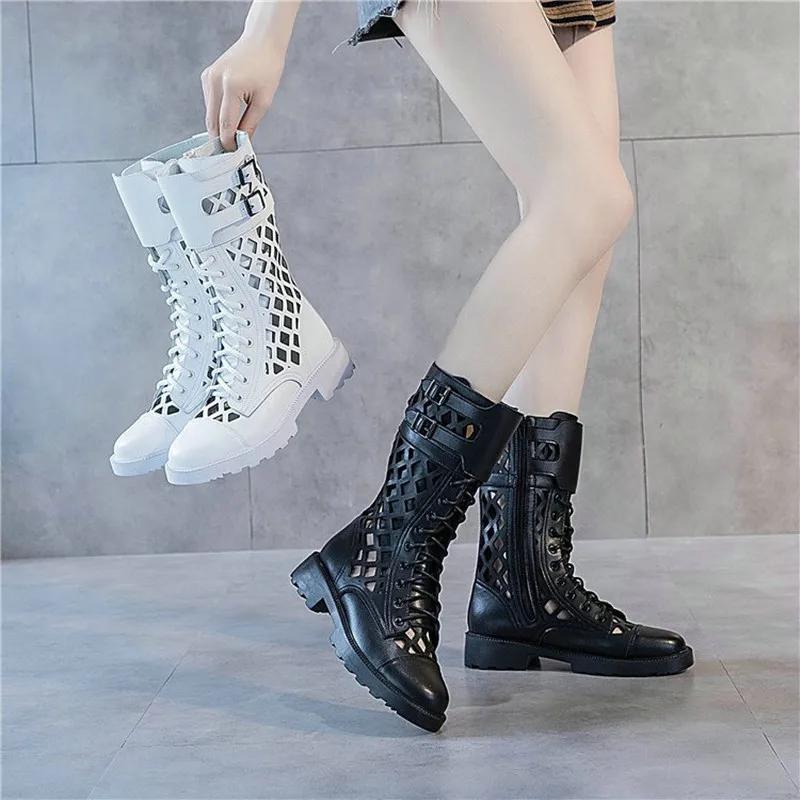 Women's Summer Knee High Boots Hollow Out Sexy Round Toe Cowhide Leather Square Heel Woman Back Zipper Booties Shoes