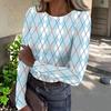 Top Casual de Mujer con Estampado de Cuadros, Cuello Redondo, Manga Larga y Canalé para el Uso Diario y el Trabajo