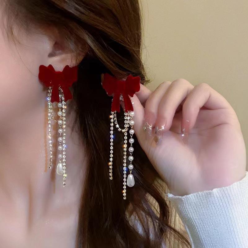 Long Tassel Flocking Bow Stud Earrings Women'S Light Luxury Fashion Versatile High Temperament Celebrity Earrings Tide