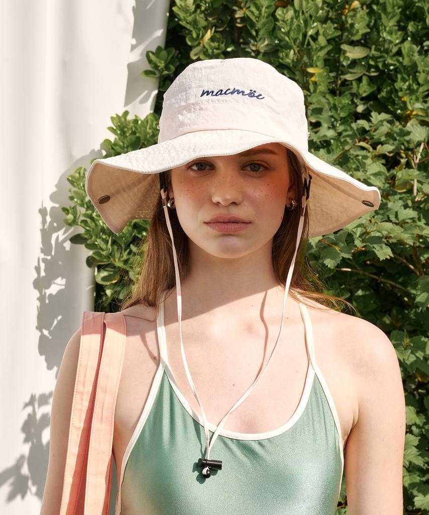 Makeumokeu Hwa-Chang_Nylon String Embroidered Bucket Hat_Cream