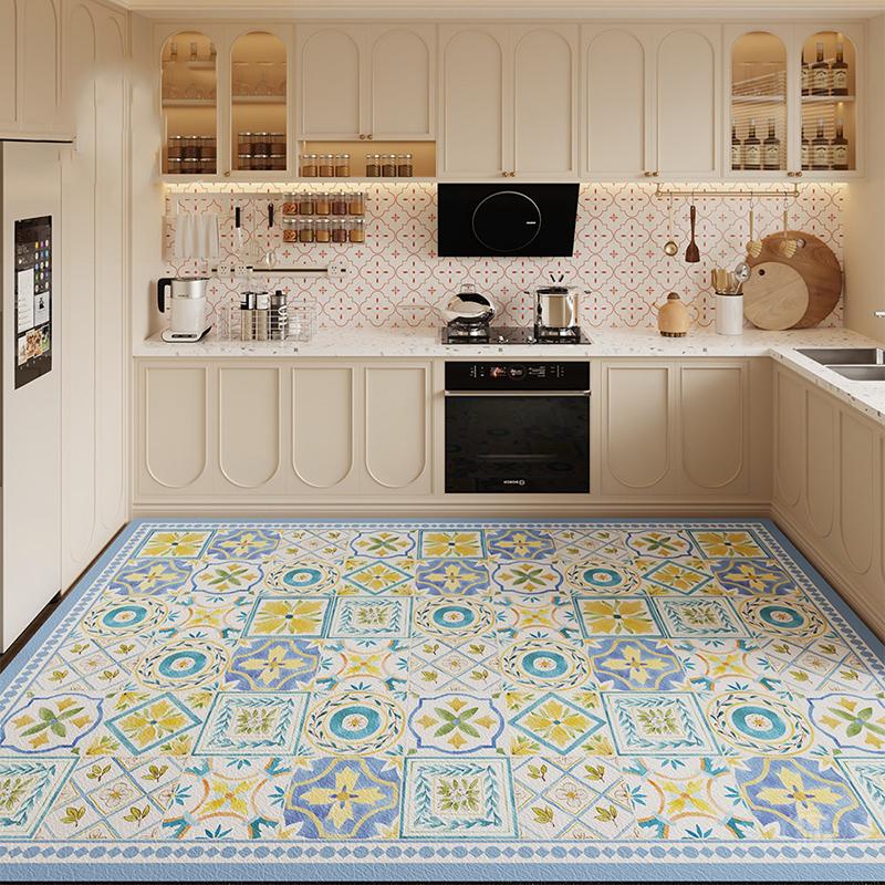 Kitchen Floor Mat Waterproof Oil-proof Non-slip Rugs Washable Leather PVC Carpet American Style Flower Tile Large Size Foot Mats