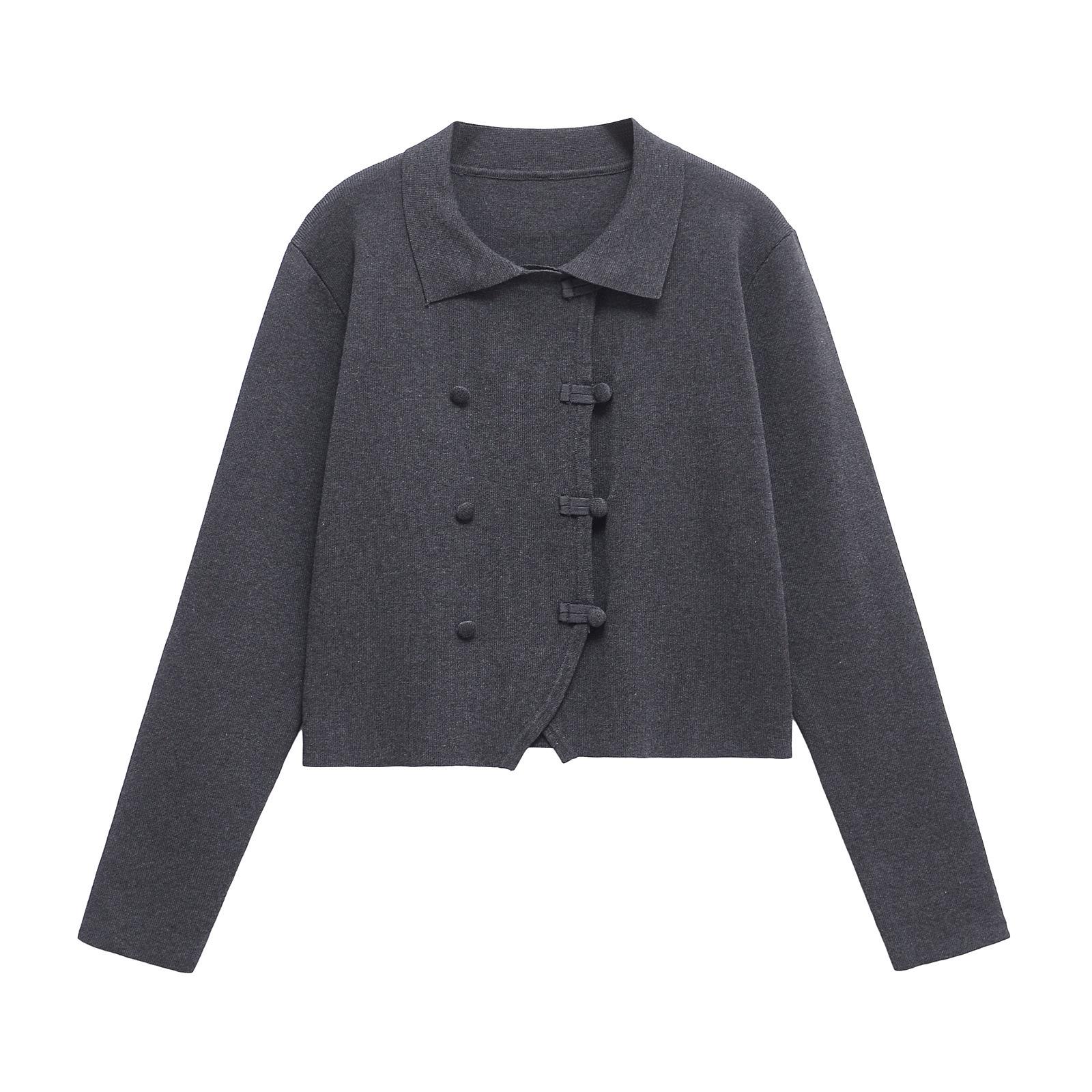 

Зимнее женское вязаное двубортное пальто в европейском и американском стиле с отложным воротником Medium темно-серого