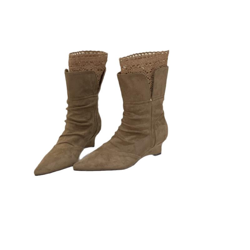 2025 Autumn and Winter New Retro Pointed Toe Wedge Short Boots Women's Versatile and Thin Boots Western Boots Wrinkled Stacking Boots