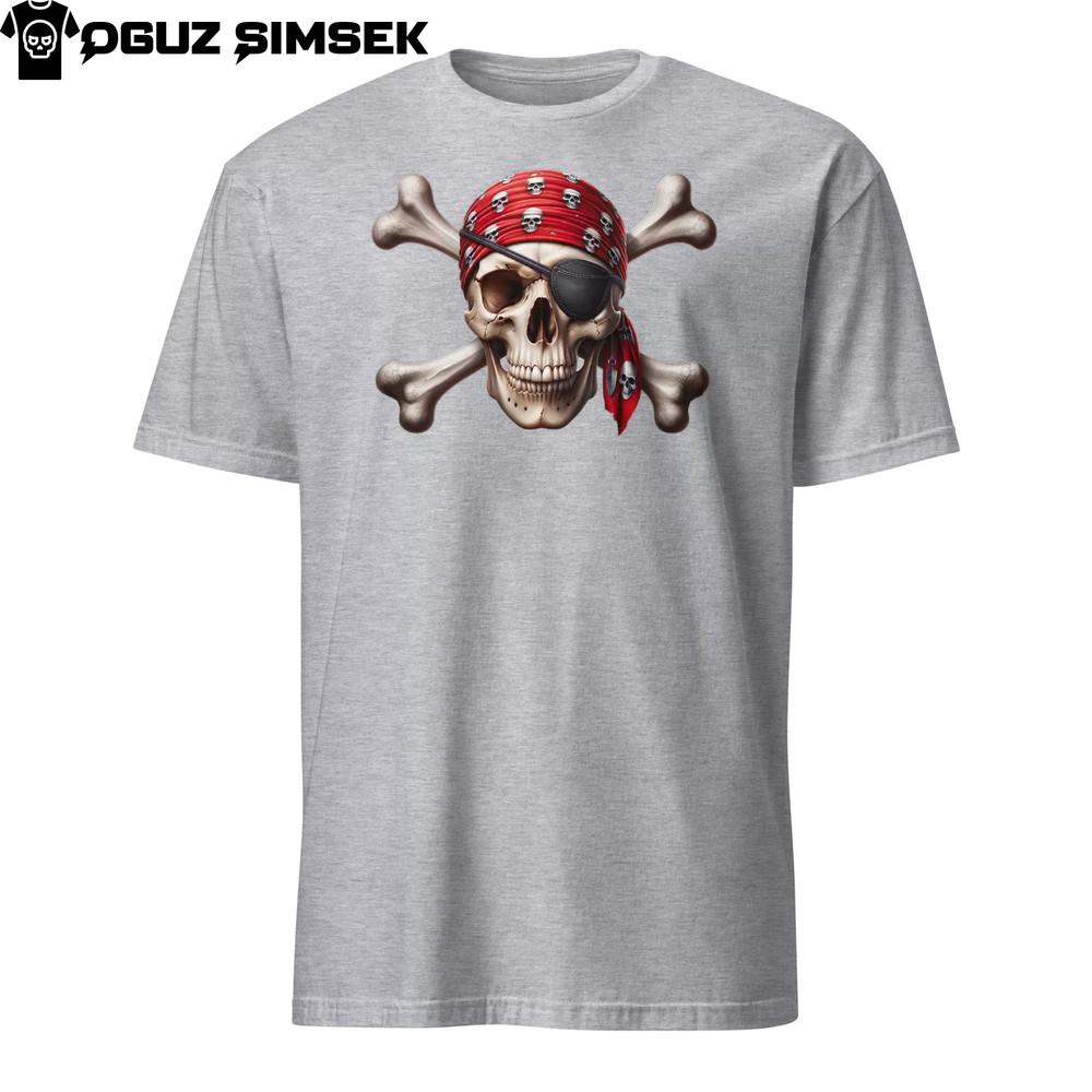 

Unisex Pirate Skull T-Shirt | Short Sleeve Red Bandana Eyepatch Crossbones Tee L