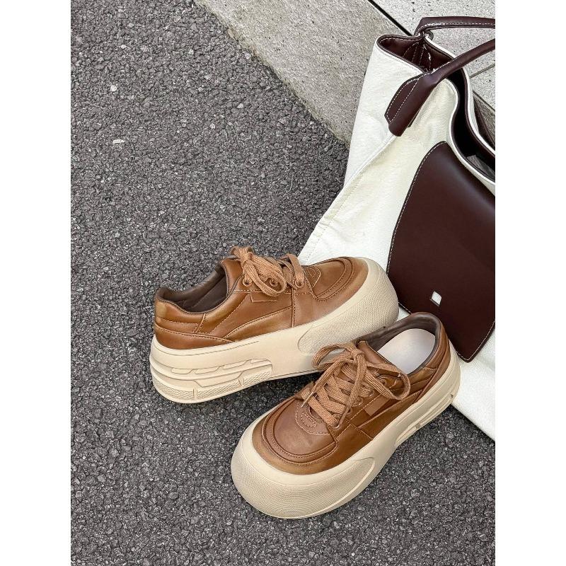 Leather Thick-soled Ugly Cute Little White Shoes Women's New Small Man Height Increase Casual Versatile Big Head Board Shoes Bread Shoes