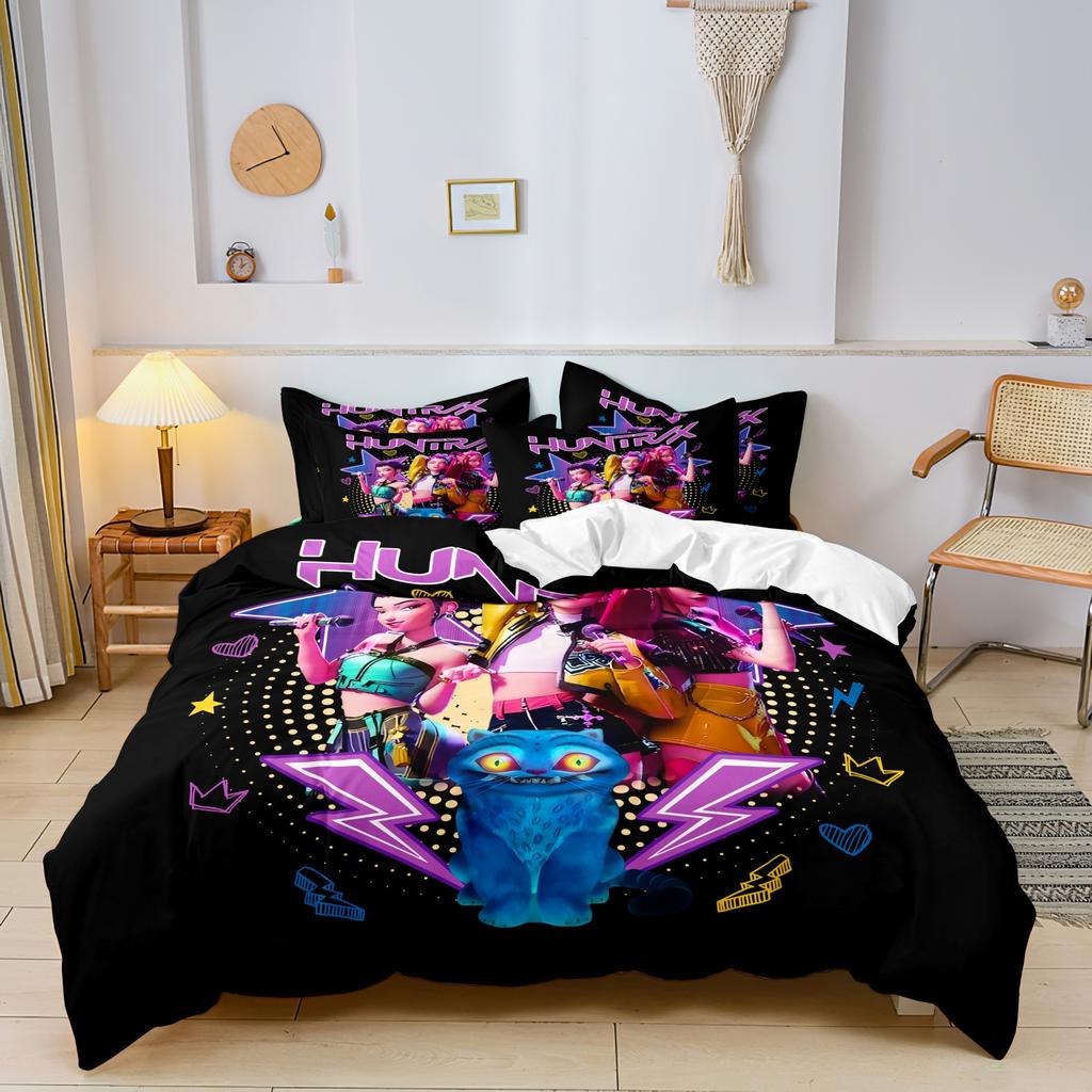 K-Pop Bedding Set Demon Hunters Themed Pink or Black Other Side Print Polyester Student Dormitory Duvet Cover Boys Girls Gift
