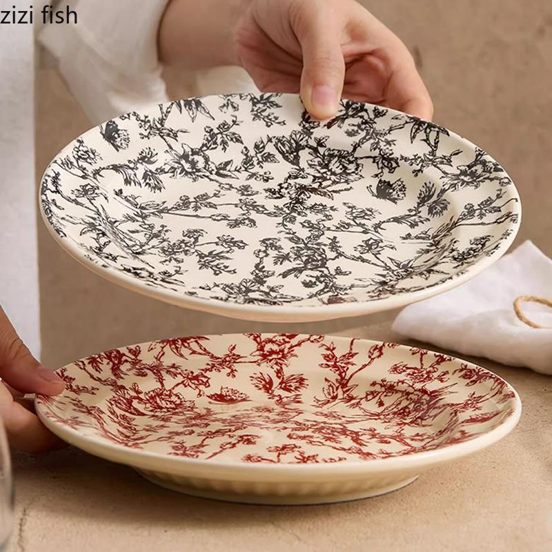 Vintage Blumenmuster Keramik Flacher Teller Runder Dessertteller Steakteller Salatteller Grillteller Hotel Kreatives Geschirr