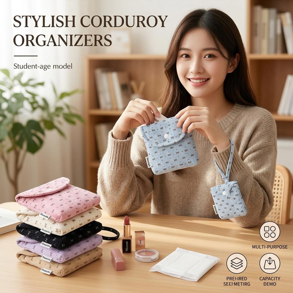 Cosmetic Organizer Bag Warm Corduroy Makeup Bag Women Cosmetic Case Versatile Bow Sanitary Napkin Pouch For Daily Use School