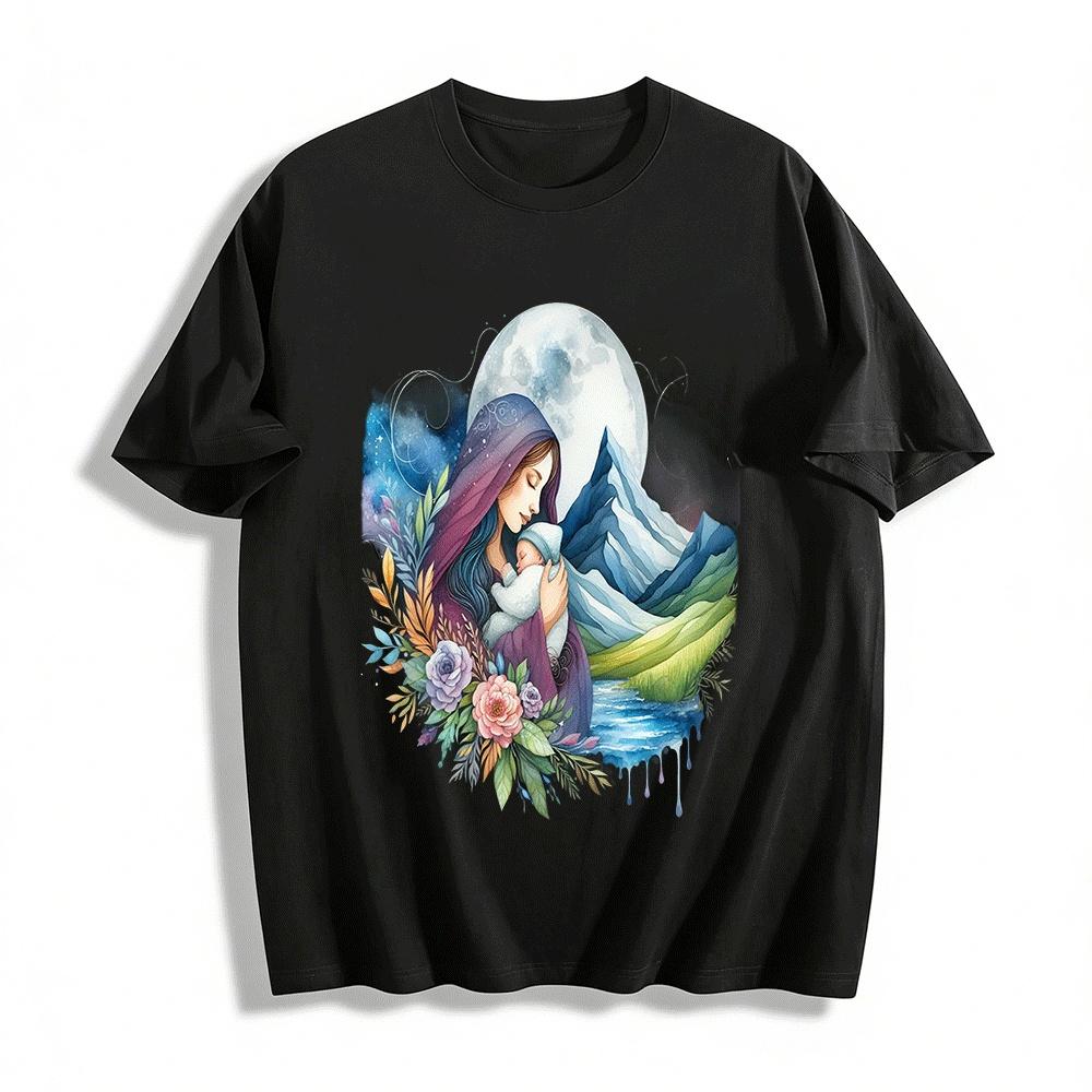 Moonlit Mountain Mother And Baby Embrace Artistic Casual Top Pure cotton T-shirt XXS