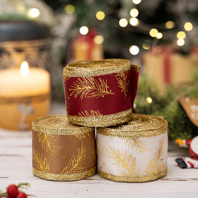 Opulent Christmas Satin Ribbons With Stunning Floral Motifs In Red Gold And White For Crafting