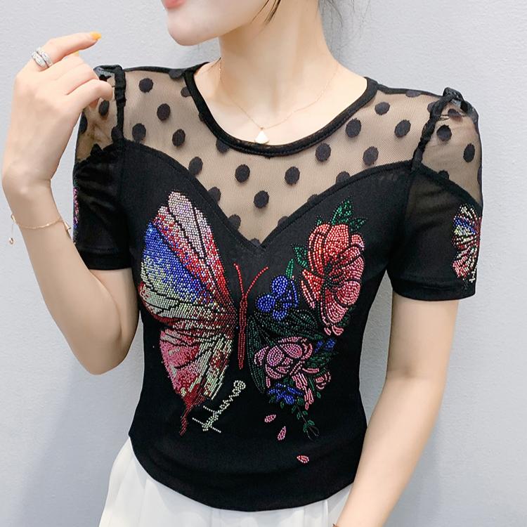 Lato Nowa Koszulka w Kropki Koronkowa Damska Błyszczący Motyl Gorące Diamenty Bling Designerskie Topy Eleganckie Wyszczuplające Damskie T-shirty