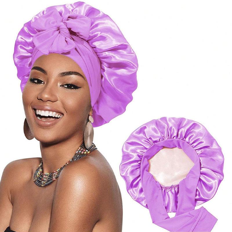 Women's Double-Layer Elastic Satin Sleep Cap - Wide Brim Hair Protection with Bow Ribbon
