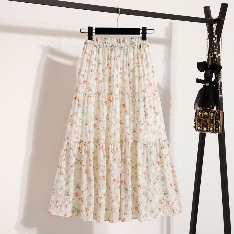 

Korean Series Gentle Romantic Floral Skirt for Women Chiffon Loose Slimming Versatile Mid-Length A Word Pettiskirt Orange One size