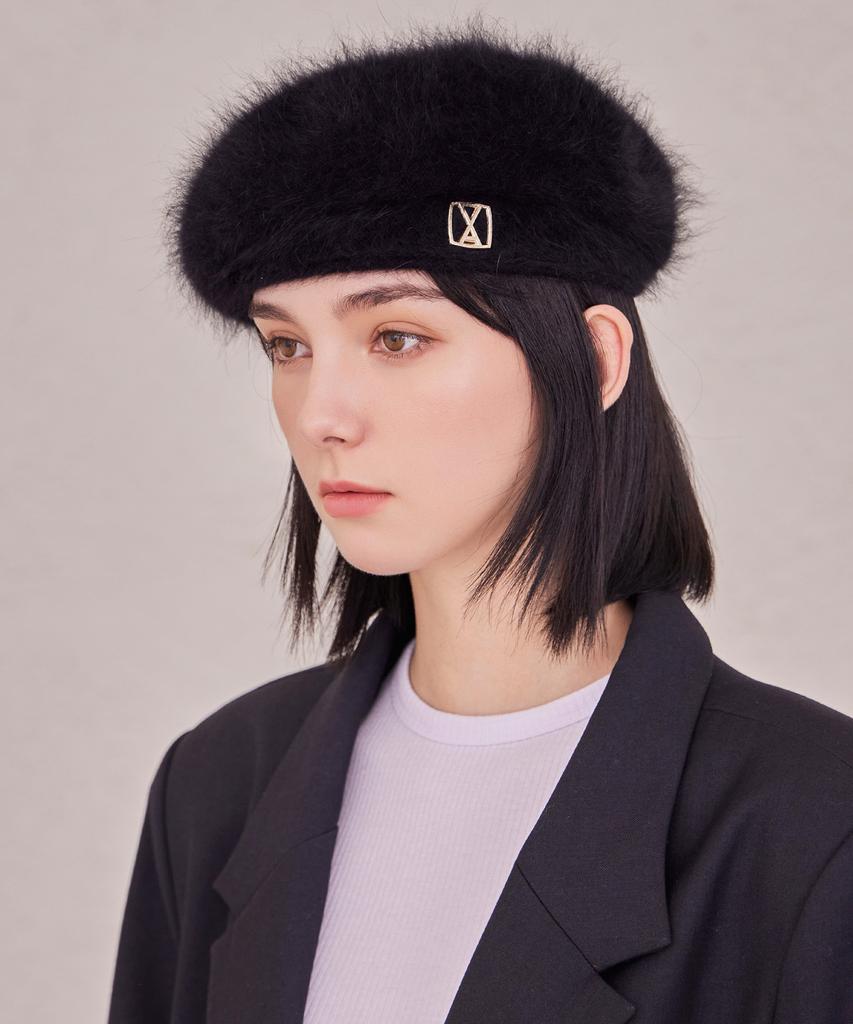 Bajal Va Square Studded Angora Beret Black