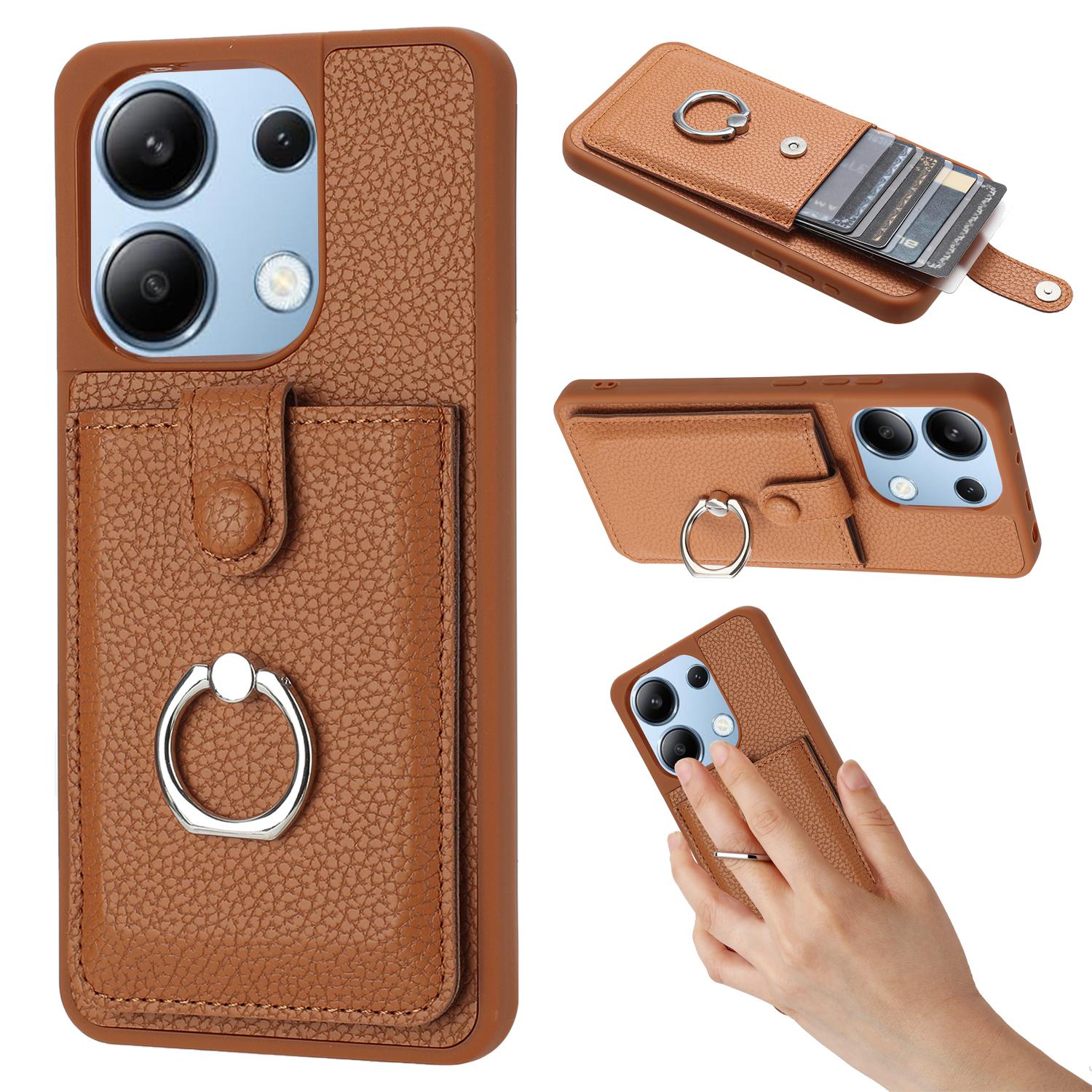 

For Xiaomi Redmi Note 13 4G Case Drawing Type Card Slots Litchi Texture Leather Back Cover with Ring Kickstand Brown