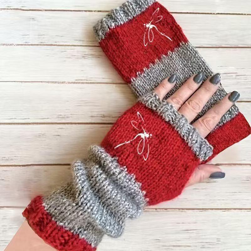 Gants en tricot sans doigts avec broderie de chat et patchwork, Gants décontractés ouverts aux doigts tendance pour femme, Mitaines chaudes d'hiver sans doigts