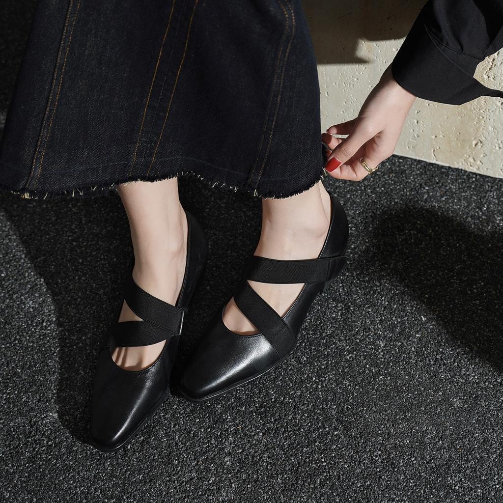 Small Leather Shoes Women's Square Head Horse Leather Niche Design Thick Heel Single Shoes Retro Feeling Washed Black