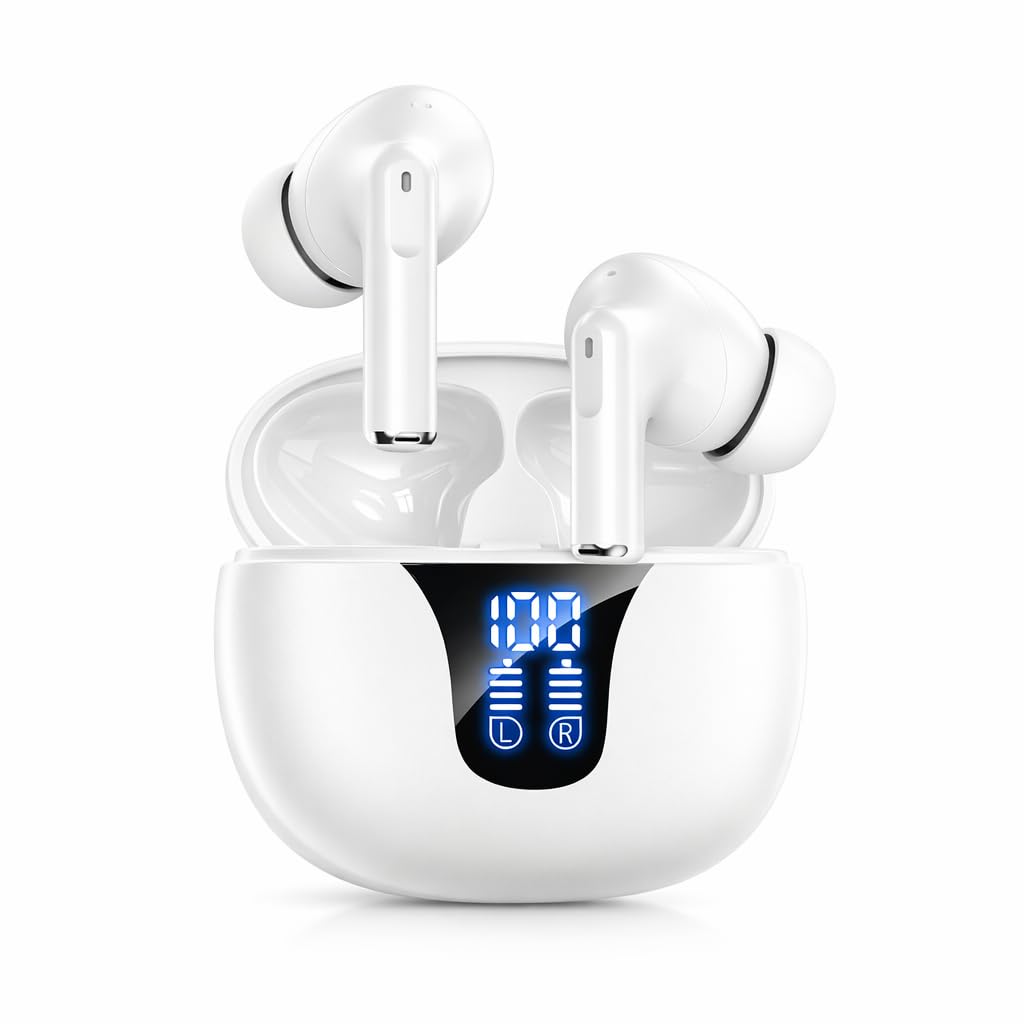 

Wireless Earphones Bluetooth Earphones with ENC Call Noise Long Playback LED Battery Low IPX7 Automatic Touch Ideal for Web Compatible 5.4+EDR білий