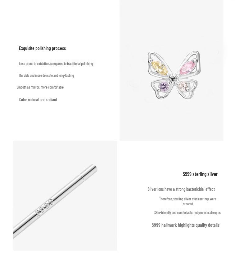S999 Sterling Silver Butterfly Stud Earrings with Color Diamond - Simple and Elegant Women's Ear Accessories
