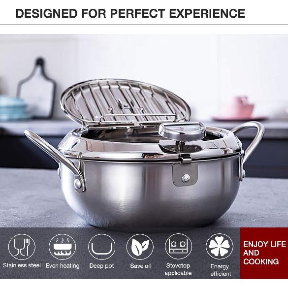 Tempura Fry Pot, Stainless Steel Tempura Deep Fryer with Thermometer, 8 Inches, Mini Size Perfect for 2-3 People