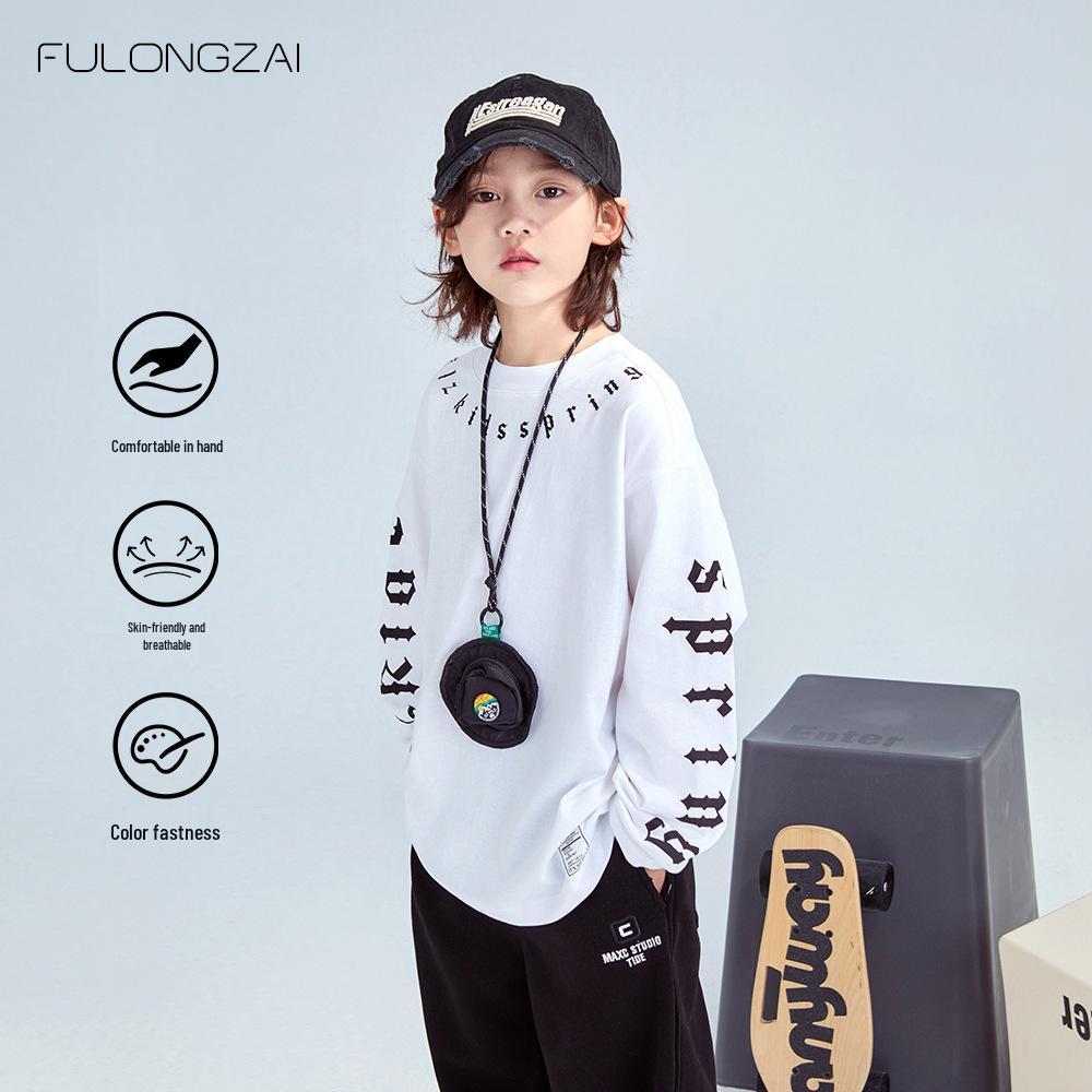 FULONGZAI 2025 Spring Korean Letter T-Shirt for Kids: Unisex, Medium to Large Sizes