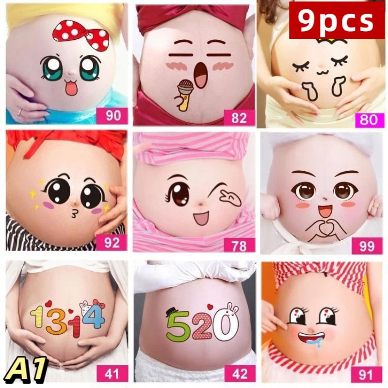 9Pcs Pregnancy Belly Stickers Photographs Props Funny Facial Expressions Decals Memorable Keepsakes Mum Maternity Accessories