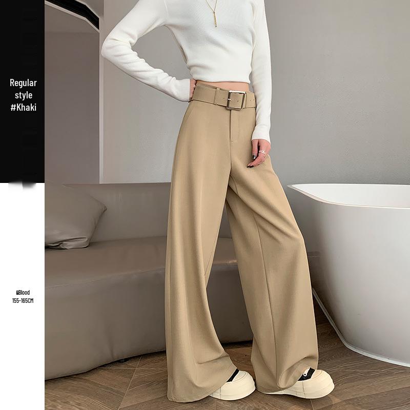 

Women s Retro Minimalist Wide-Leg Khaki Suit Pants with Old Money Style Leather Belt Large
