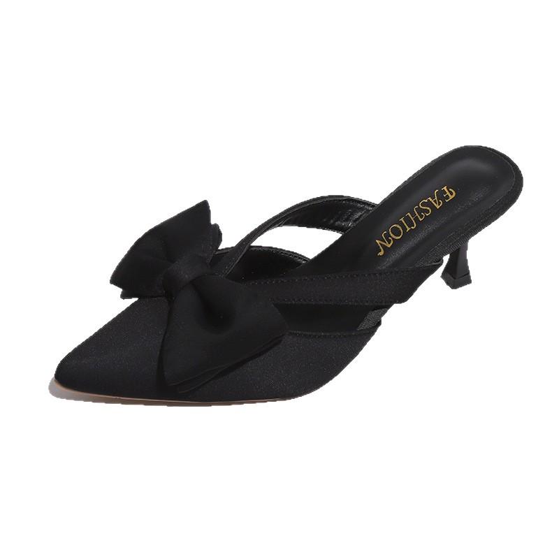 High-heeled Half-bag Head Slippers Women's Spring and Summer 2025 French Pointed Bow Hollow Fairy Style Pink Sandals