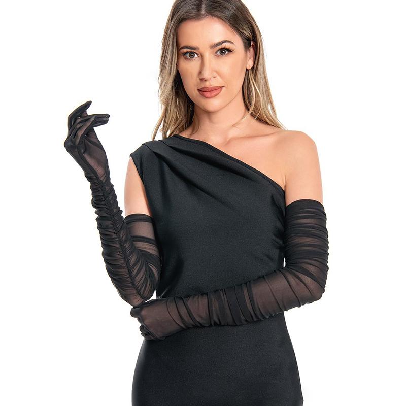 Sexy Transparente Plissierte Handschuhe Mesh Durchsichtig Braut Hochzeitskleid Lange Handschuhe Kostümparty Tanz Accessoire