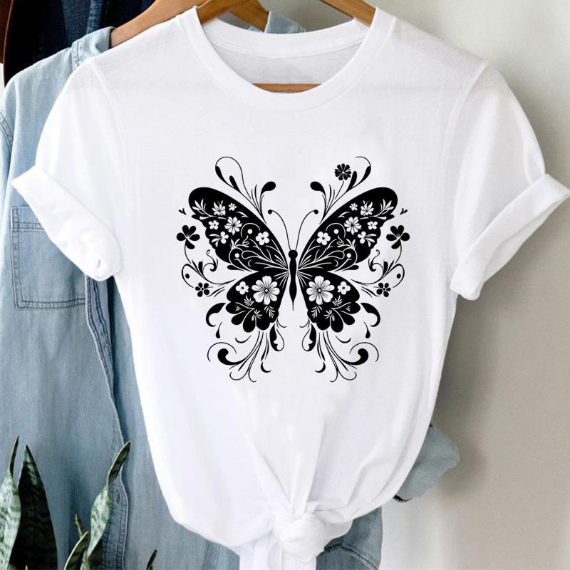 (Asian Size) Printed Clothing Top Fashion Short Sleeve T-shirts Women vintage butterfly flower Graphic Tee Lady Female Casual T Shirt Tees