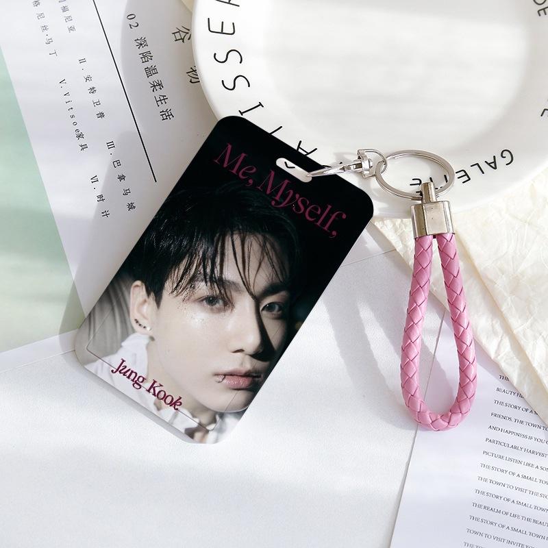 BTS Sliding Photocard Holder, Protective ID Badge Card Case with Braided Keychain Strap, Student Campus Bus Meal Card Protector Merch for ARMY