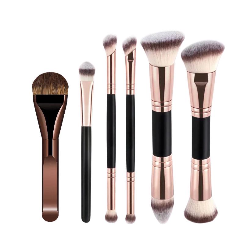 Dual-Head Makeup Brush Set: Foundation, Blush, Loose Powder Brushes In Coffee Color.