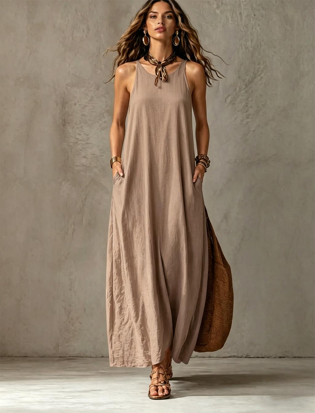 Women Sleeveless Round Neck Loose Fit Maxi Dress Casual Solid Color Summer Dress S