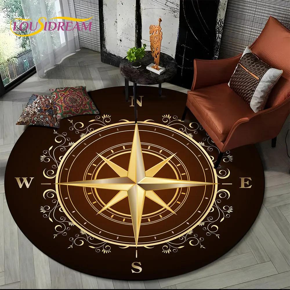 3D Retro Kompass Serie Kreis Teppich,Runder Teppich für Wohnzimmer Schlafzimmer Sofa Fußmatte Dekor Rutschfeste Bodenmatte Geschenk