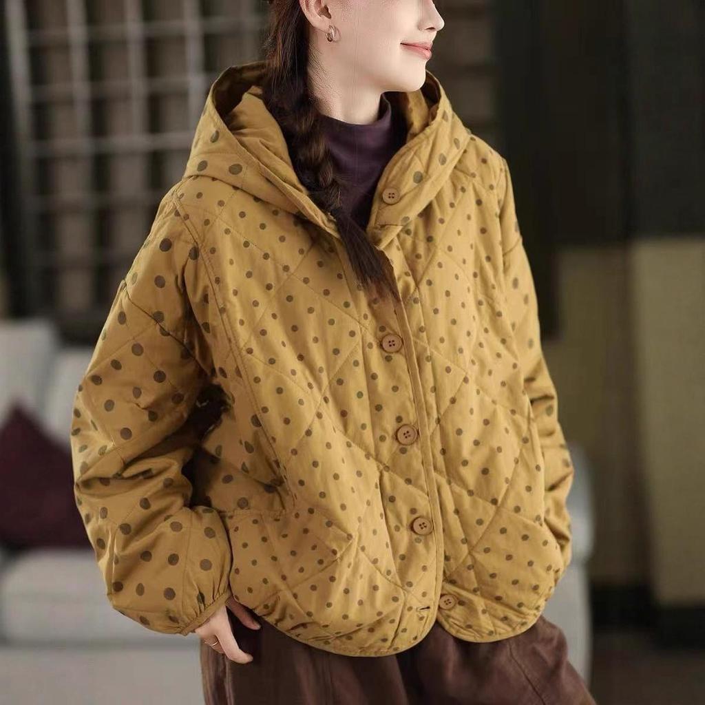 Johnature Women Vintage Hooded Button Warm Polka Winter Loose Casual Soft Female Pockets Thick Coats