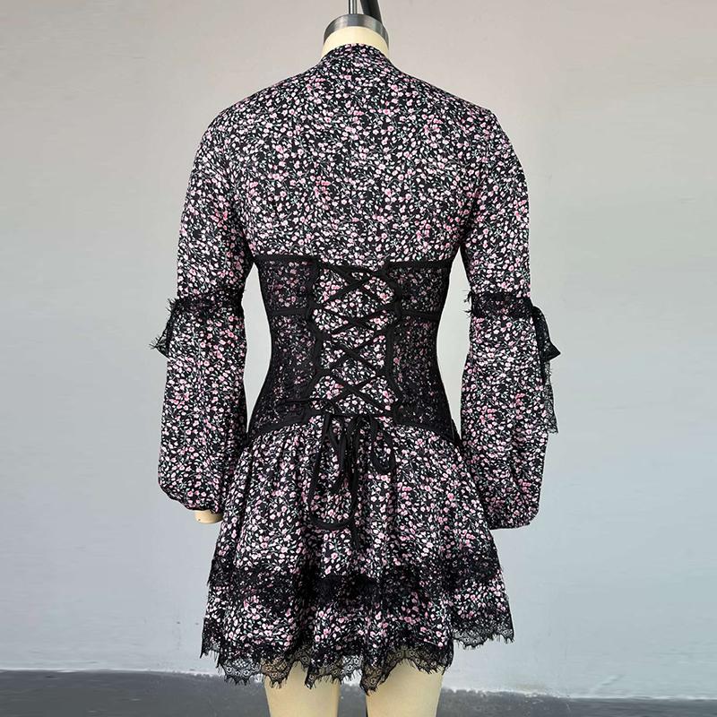 Rochie florală cu mânecă lungă, cu decolteu în V adânc, imprimeu, pentru femei, dantelă, mozaic, talie înaltă, mini rochii subțiri, pentru femei, la modă de stradă, la petrecere, rochie elegantă de vacanță