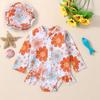 Children's Floral Long-Sleeve Swimsuit & Sun Hat Set - Quick-Dry, Sun Protection, Fashionable Beachwear for Girls