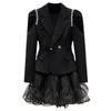 Women's French-Style Black Two-Piece Suit: Lapel Jacket & Skirt with Heavy Diamond Detailing