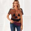 Women’s Fashion Casual Halloween Print V Neck Short Sleeve Decorative Button T Shirt Top for Autumn Daily Wear