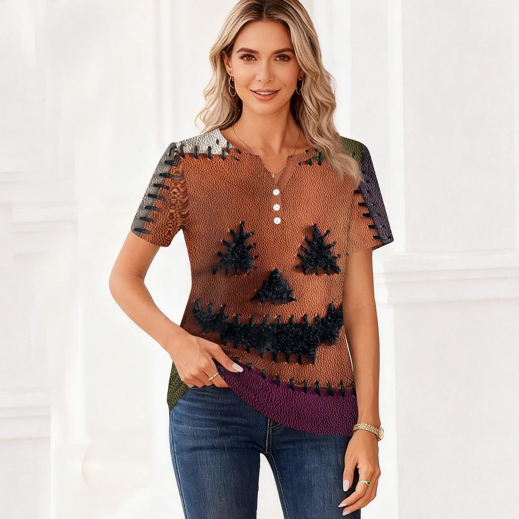 Women’s Fashion Casual Halloween Print V Neck Short Sleeve Decorative Button T Shirt Top for Autumn Daily Wear