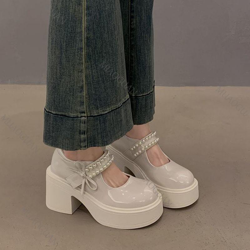 Fashion Pink Thick Bottom Mary Jane Shoes Women Spring Autumn New Sweet Pumps Fashion Pearl Retro Thick High Heel Loafers Women's Shoes