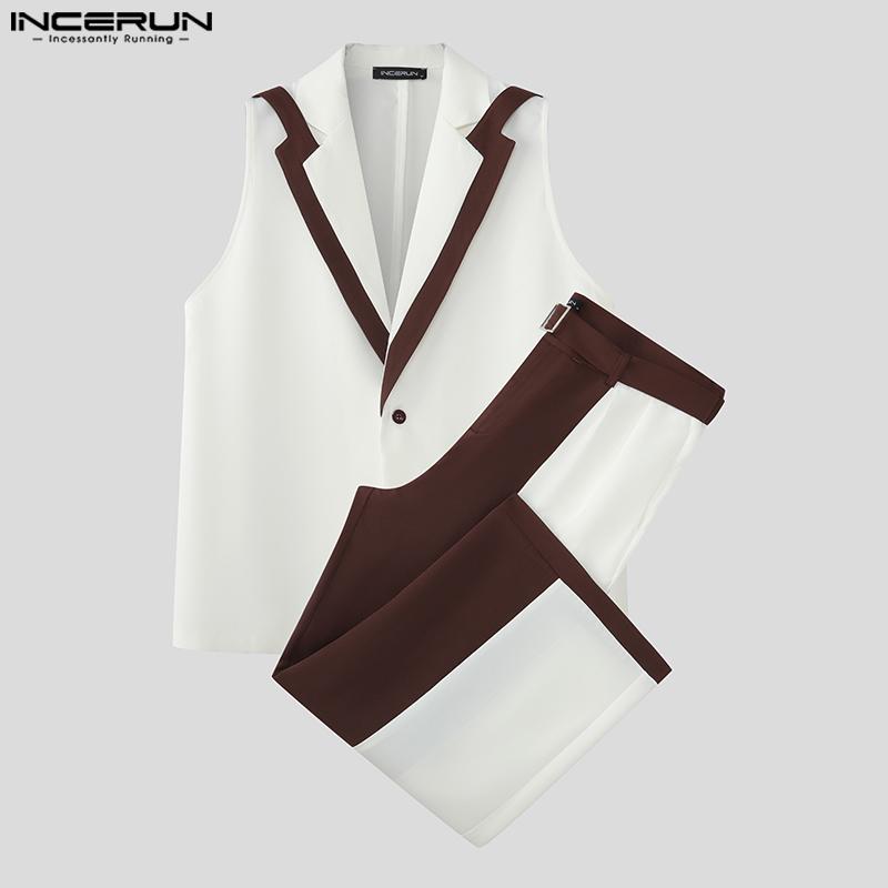 INCERUN 2PCS Men Sleeveless Patchwork Stitching Waistcoat and Long Pants Outfits Sets
