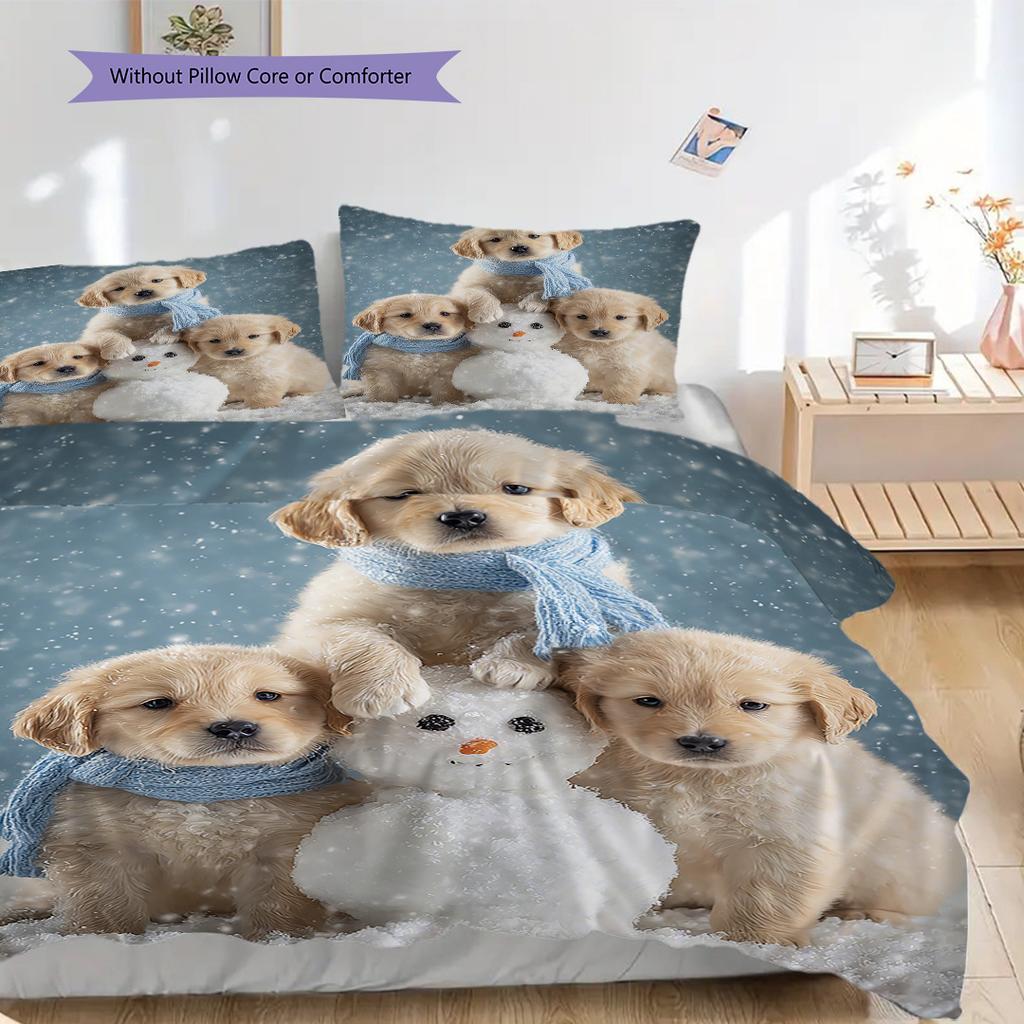 Golden Retriever Muster Bettwäsche Steppdecke Set Bettbezug Kissenbezug Heimdekoration Geburtstagsgeschenk (1 Bettbezug + 2 Kissenbezüge, ohne Füllung)