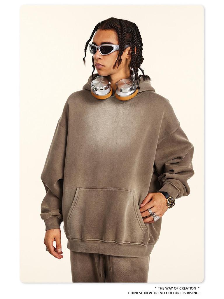 BE Men's Retro Distressed Spray Paint Velvet Hoodie & Sweatpants Set - Autumn 2025 Collection