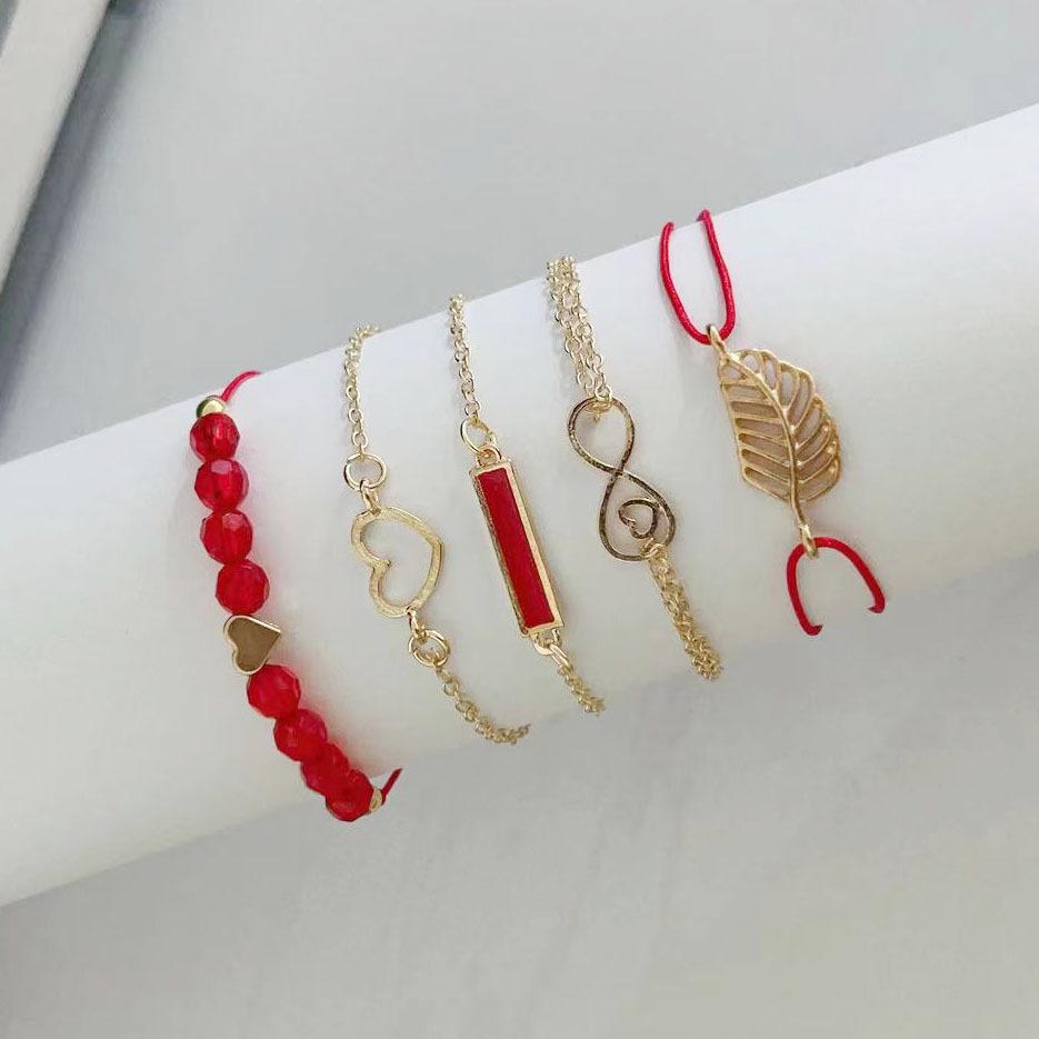 6-Piece Women's Quartz Watch Set: Diamond-Set Dial, Leather Strap, Beaded Bracelets