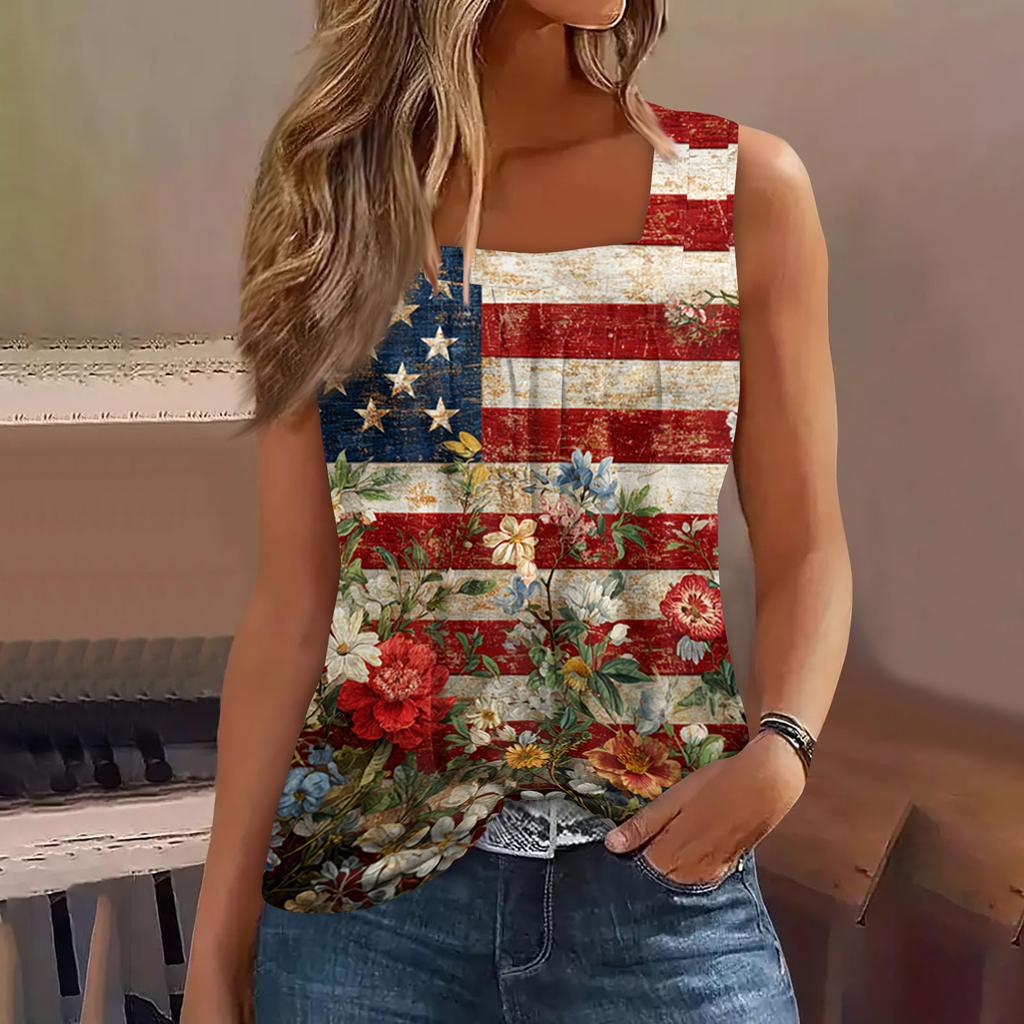 Square Collar Tank Top Women Print Tank Tee Casual Loose Fit Sleeveless Shirt
